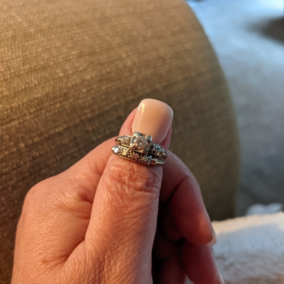 Vintage Wedding Band Set with Diamond Center Stone/ White Gold/ SOLD - Picture 7 of 7